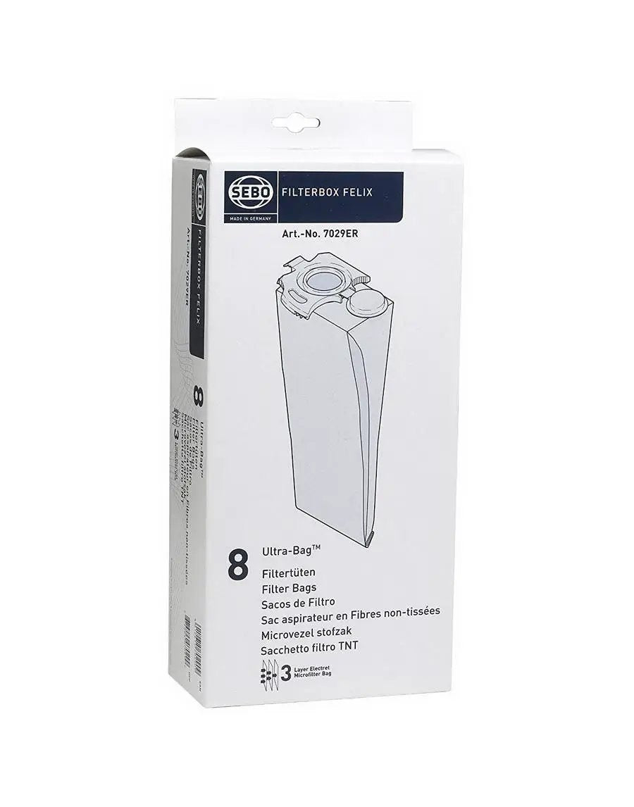 Sebo Filterbox Felix filter bags box, white packaging with SEBO logo, includes 8 Ultra-Bag filter bags.