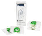 SEBO filter bag box for Airbelt E Series machines; includes 8 Ultra-Bag filter bags with green adapters.