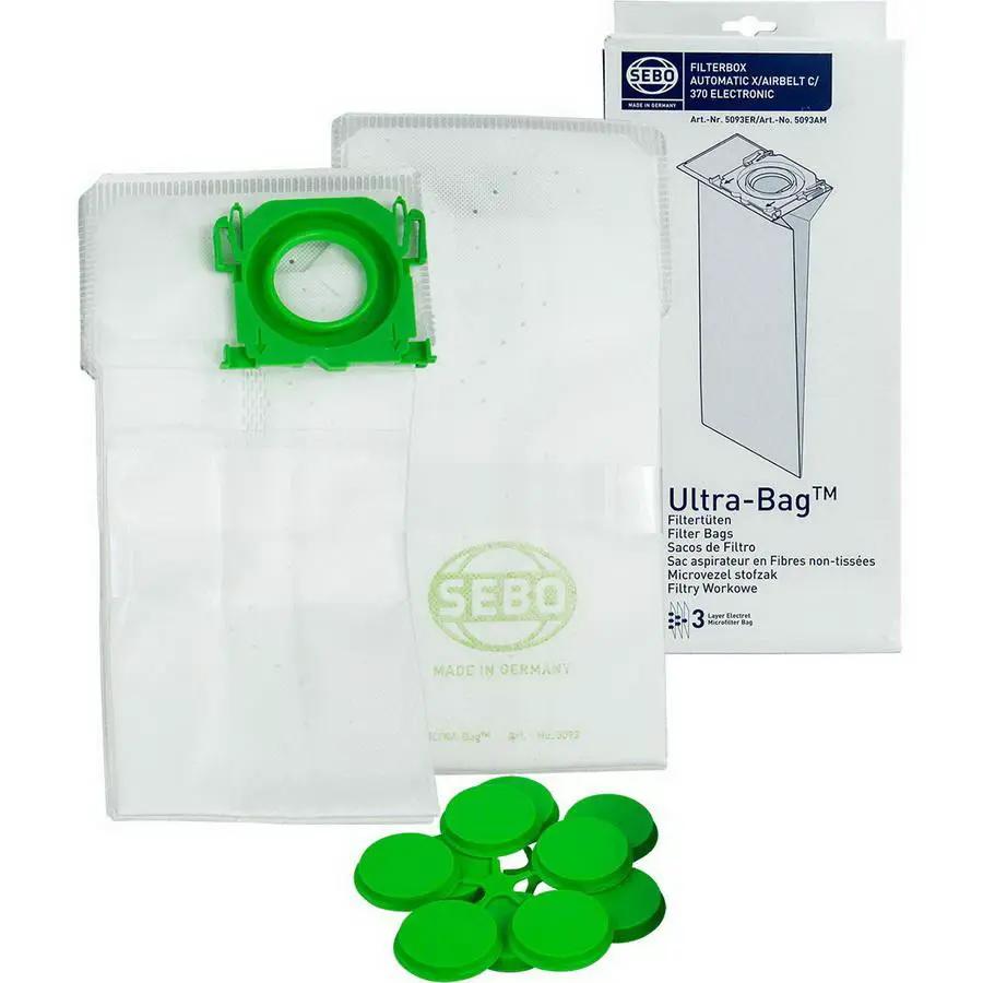 Sebo HEPA Service Box for Airbelt C Series machines; SEBO Ultra-Bag filter bags with green adapters.