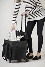 Bluefig STB-M wheeled serger bag (Medium) - black with a white serger inside, on wheels.