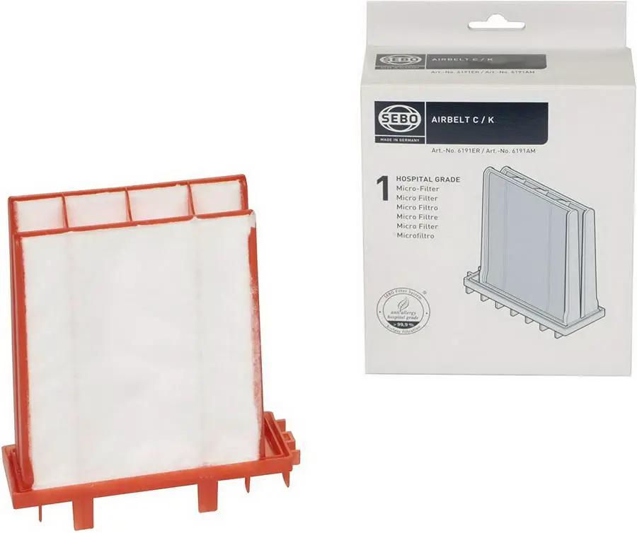 SEBO vacuum filter Micro/Hospital-grade for AIRBELT C/K; white filter media in a red frame.