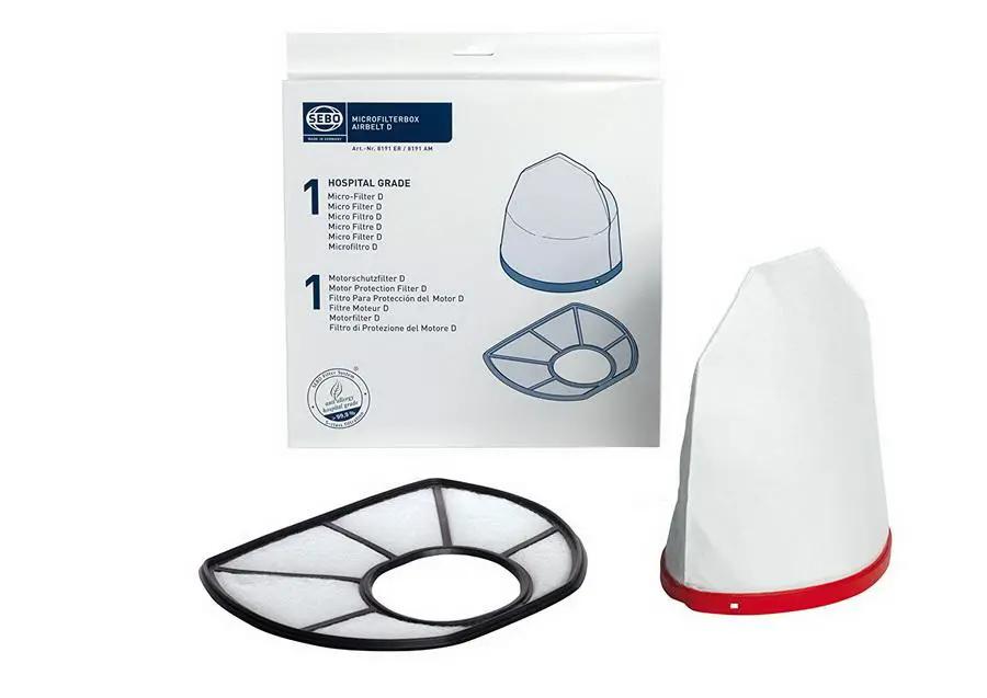SEBO AIRBELT D filter set: motor protection and micro exhaust filters; includes 2 items: blackrim round and white conical.