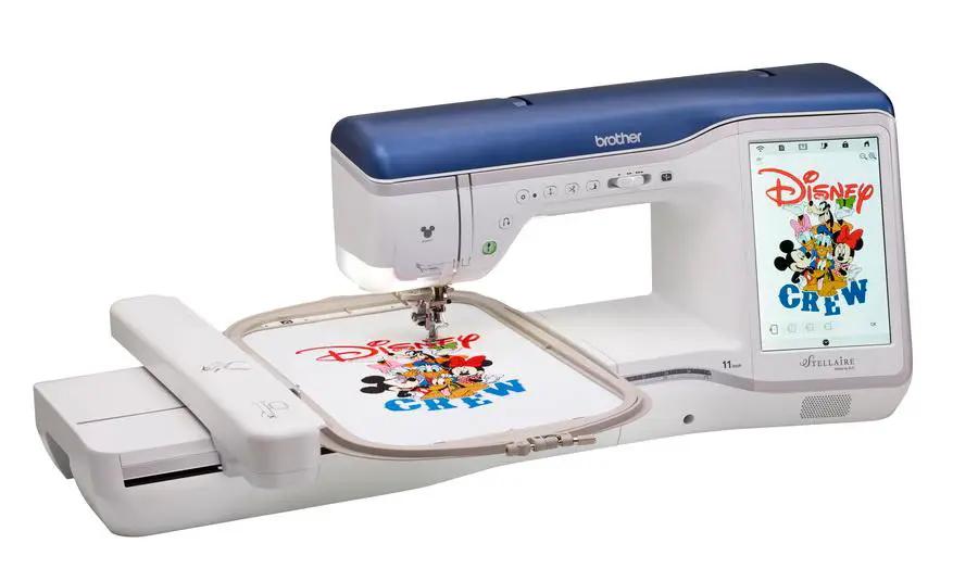 Brother Stellaire Innov-is XJ1 sewing and embroidery machine with blue top and Disney Crew embroidery hoop