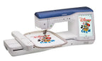 Brother Stellaire Innov-is XJ1 sewing and embroidery machine with blue top and Disney Crew embroidery hoop