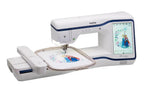 Brother Stellaire Innov-is XE1 embroidery machine with white body, touchscreen, and embroidery hoop
