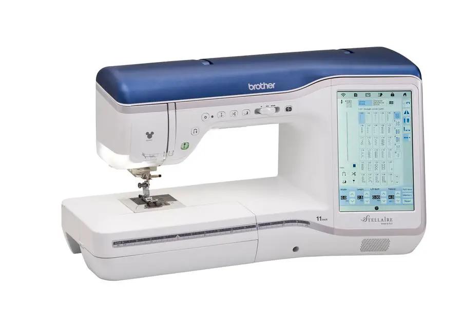 Brother Stellaire Innov-is XJ1 sewing and embroidery machine with blue top and touchscreen