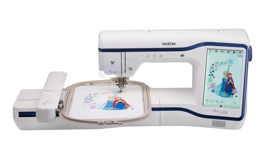 Brother Stellaire Innov-is XE1 embroidery machine with touchscreen display and embroidery hoop featuring a floral design