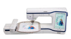 Brother Stellaire Innov-is XE1 embroidery machine with touchscreen display and embroidery hoop featuring a floral design