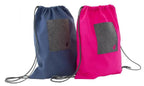 Bluefig University Learn to Sew Kit: two fabric drawstring bags in blue and pink with gray front pockets