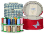 Bluefig Designer Series Pearl Mini Carry Case set: 2 cases (blue houndstooth, red butterfly) with thread spool rack.