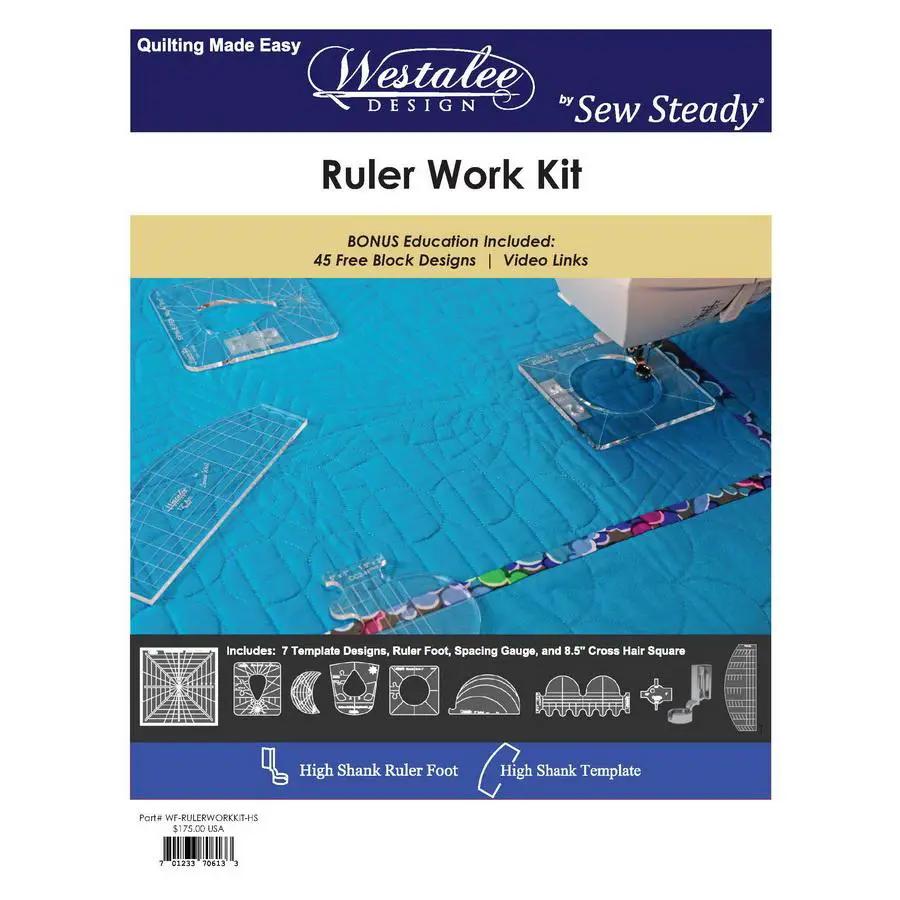 Ruler Work Kit from Westalee Design by Sew Steady in blue packaging; includes 7 templates, ruler foot, spacing gauge