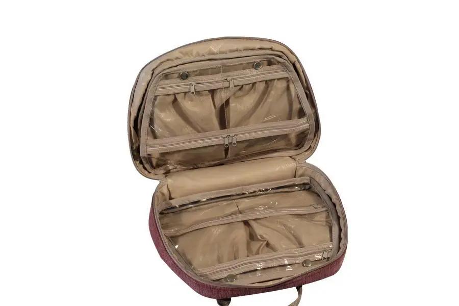 Bluefig Satchel Accessories Bag, maroon exterior with tan interior and multiple zip pockets