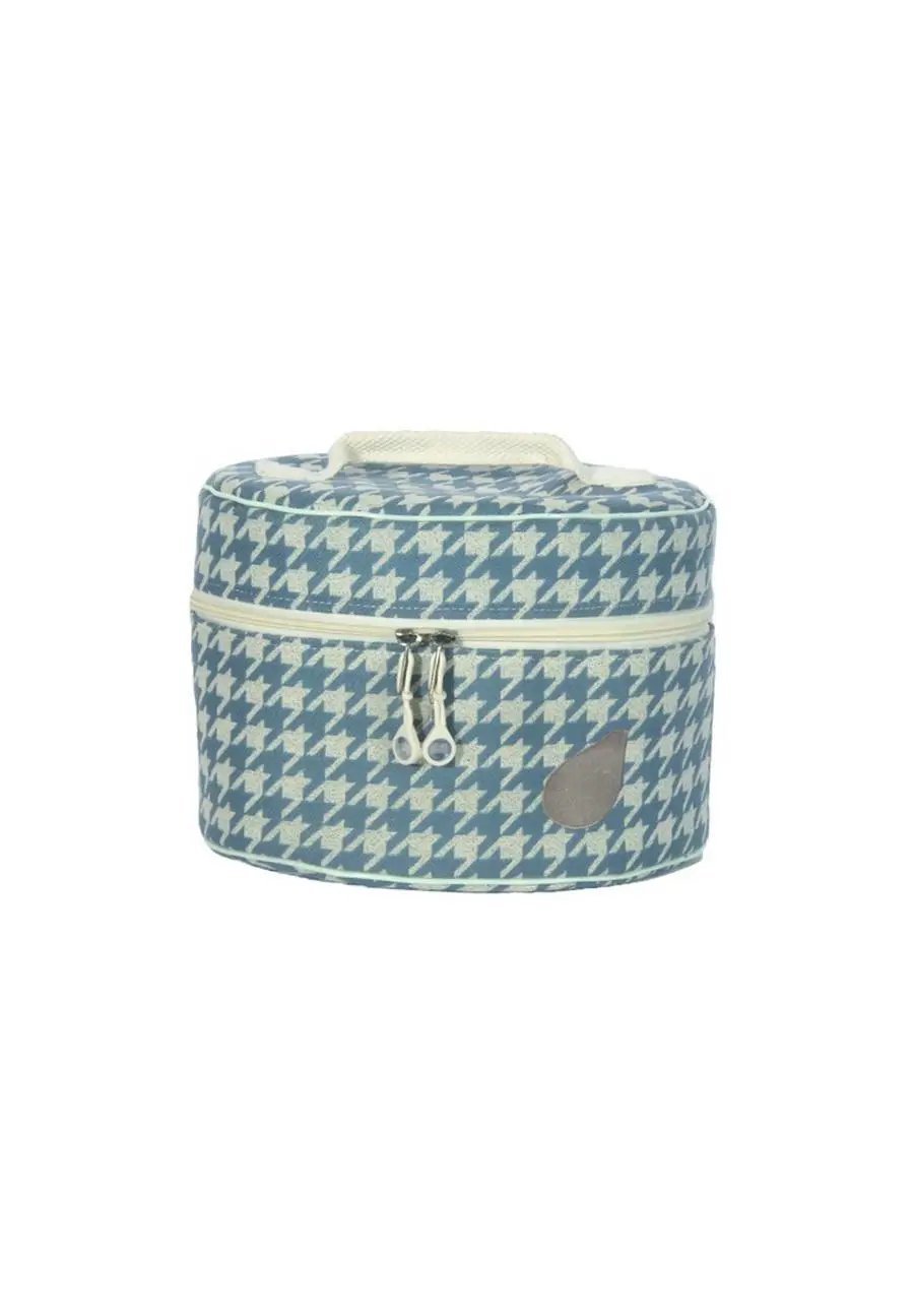 Bluefig Designer Series Pearl Mini Carry Case in blue/white houndstooth fabric with white zipper and handle