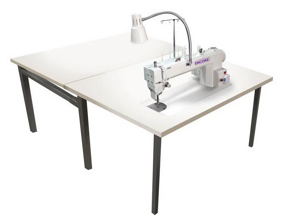 Encore Elite 18 long arm quilting machine on a white table with metal legs, Encore brand visible.