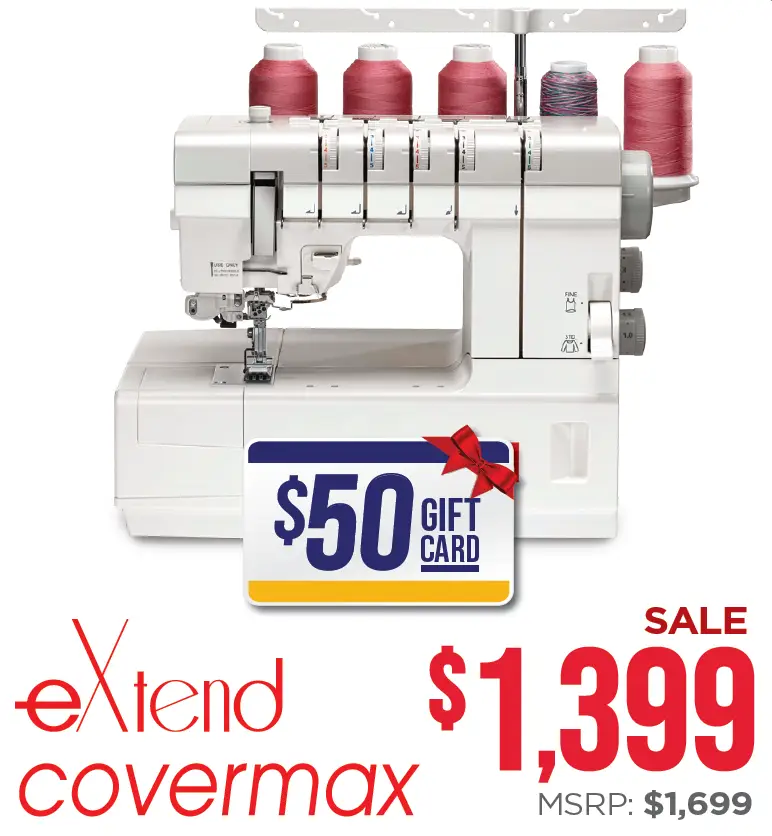 Elna eXtend Covermax serger machine in white with multiple thread spools