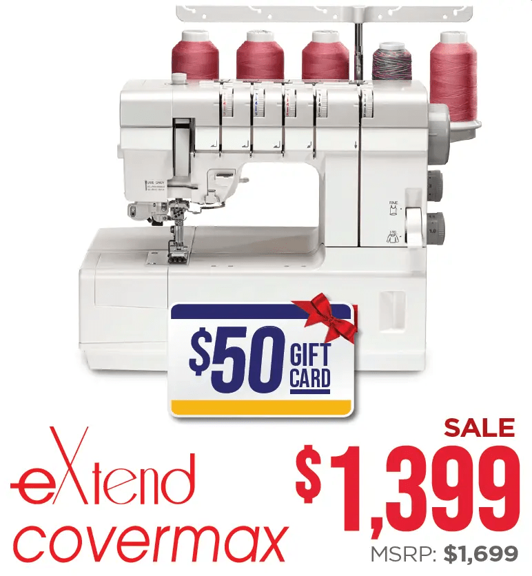 Elna eXtend Covermax serger machine in white with multiple thread spools