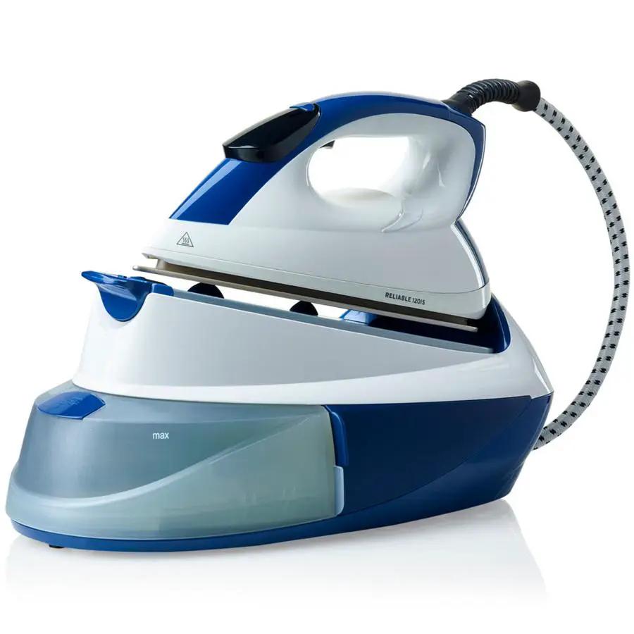 Reliable Maven 120IS ironing system, blue and white with base and connected hose.