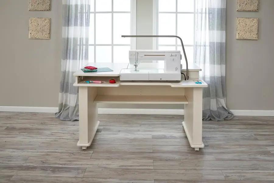 Koala Studios Sewing Station Cabinet in white with sewing machine on top and left-side shelf