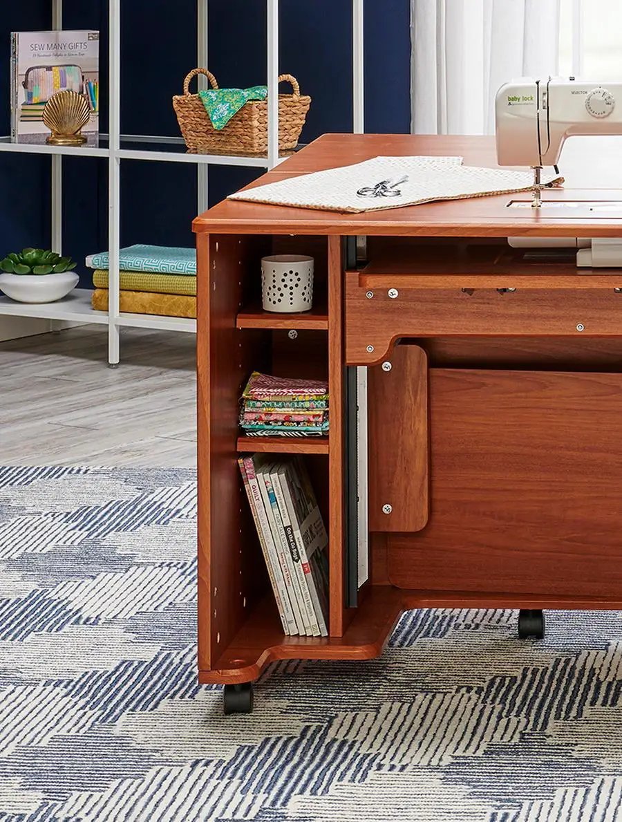 Koala Heritage Cub Sewing Cabinet in teak finish with sewing machine on top and open storage shelves