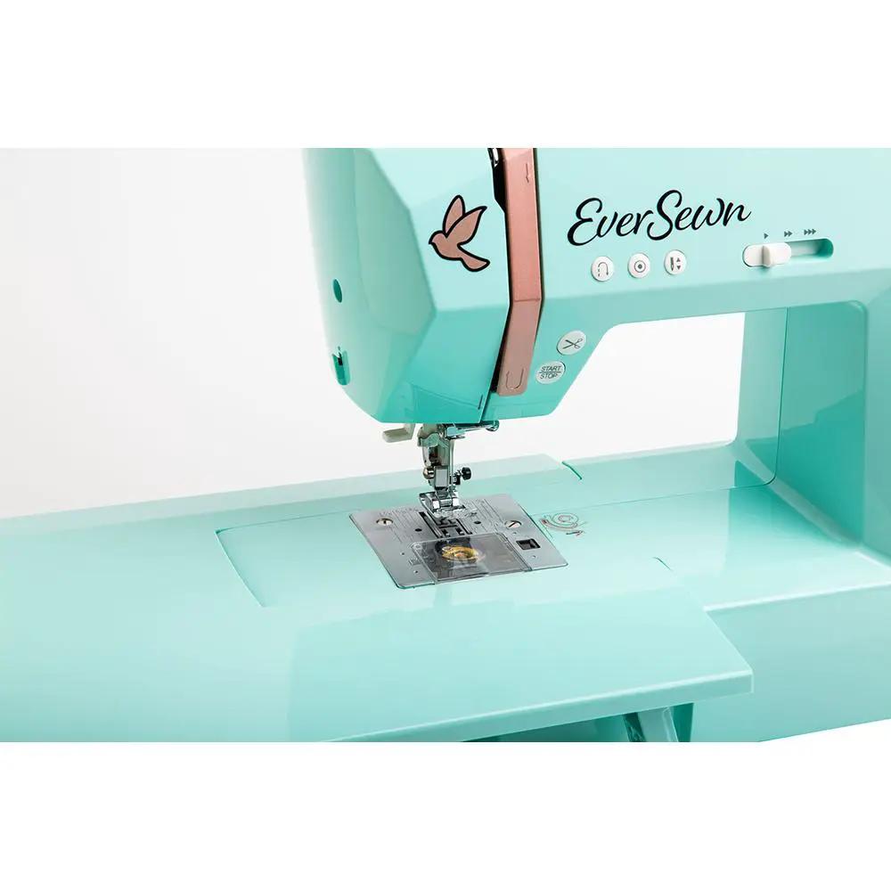 EverSewn Sparrow 30S sewing machine in turquoise with included extension table