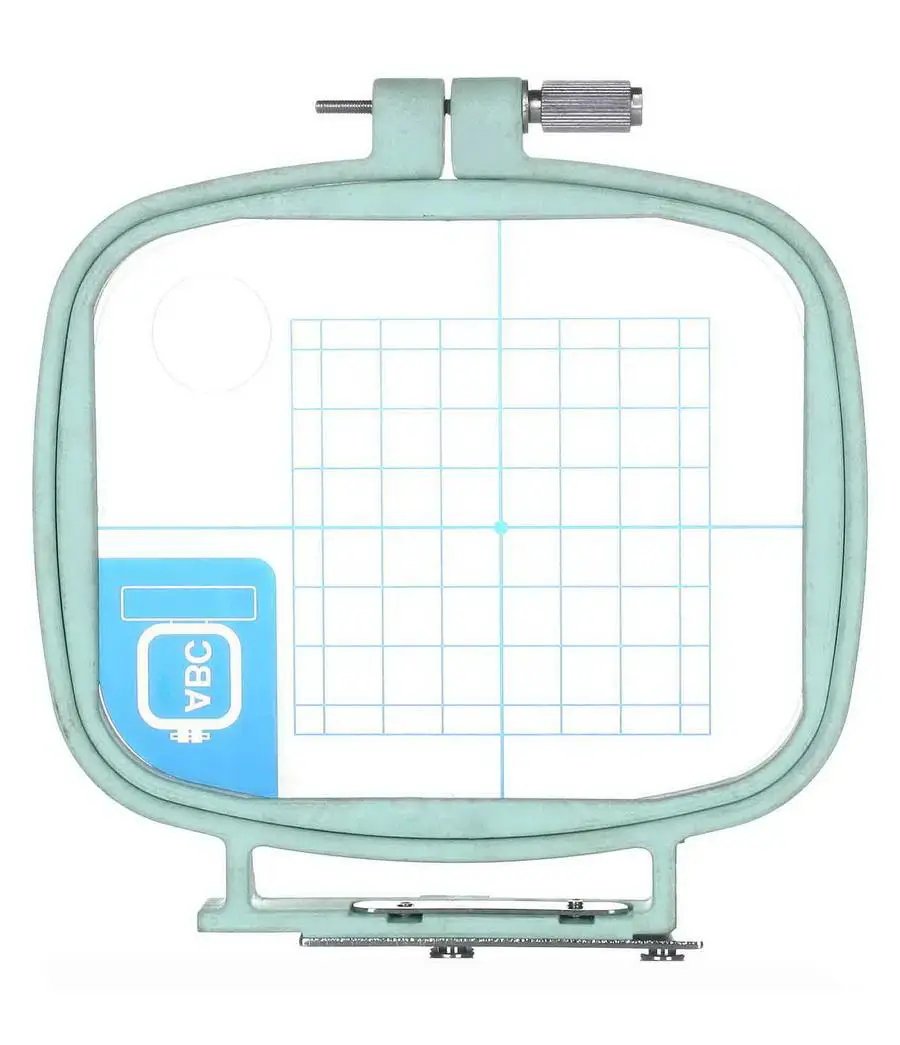 Sew Tech 70mm x 70mm embroidery hoop with turquoise metal frame and blue grid insert; VBC logo visible inside.
