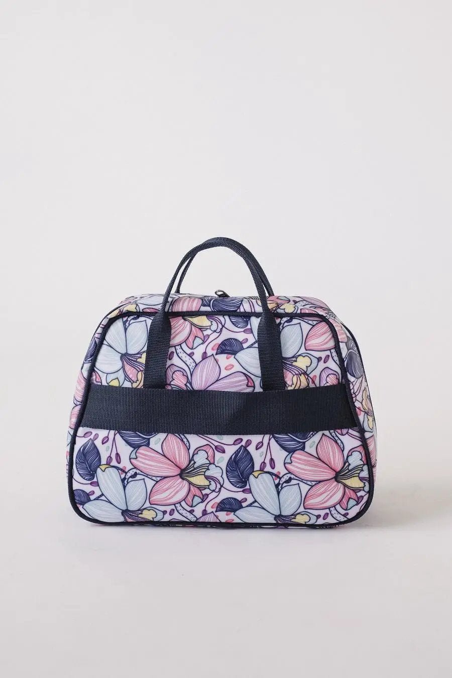 Bluefig Quilter Deluxe Combo bag in lavender floral print with navy handles.