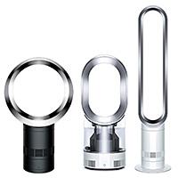 Three Dyson fans of different sizes on a white background