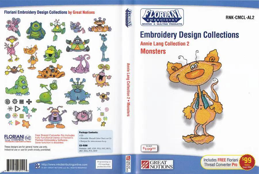 Floriani Embroidery Design Collection: Annie Lang Collection 2 Monsters, colorful monster embroidery designs
