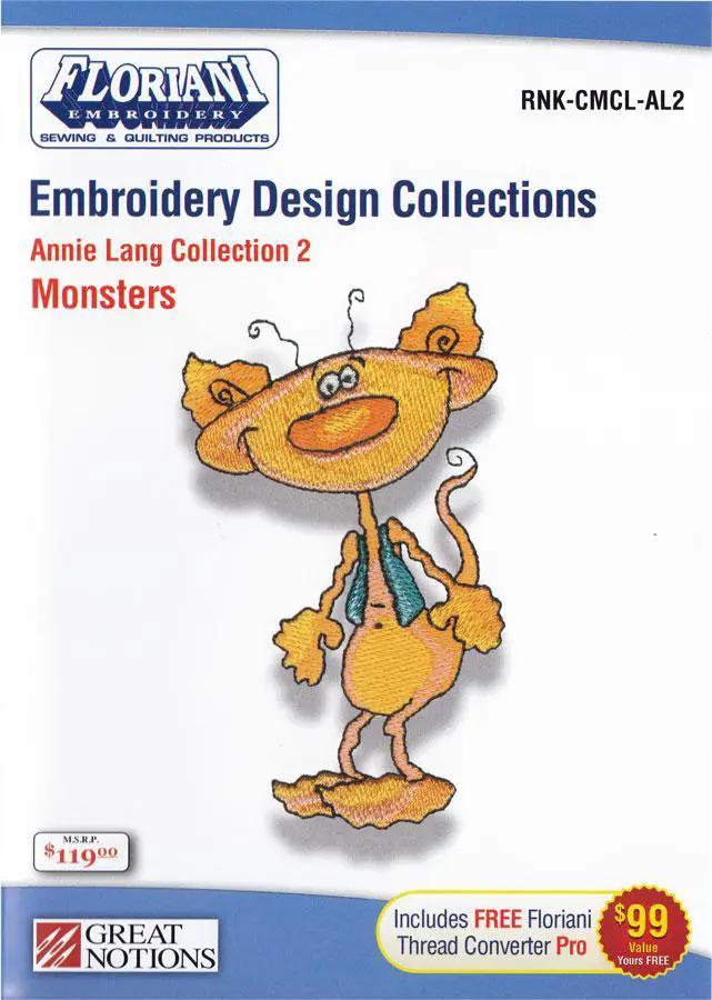 Embroidered design collection Floriani Annie Lang Collection 2 Monsters cover featuring a yellow cartoon monster