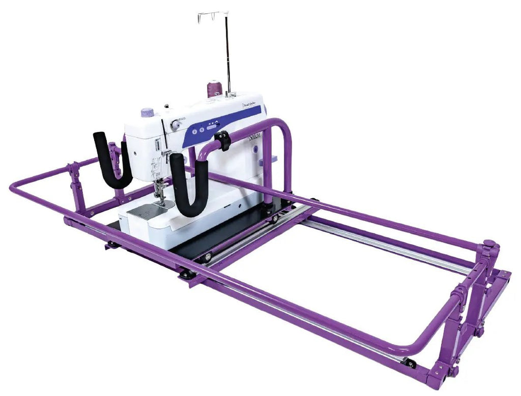 Handi Quilter FreeWay Quilt Frame; purple metal frame with mounted white sewing machine.
