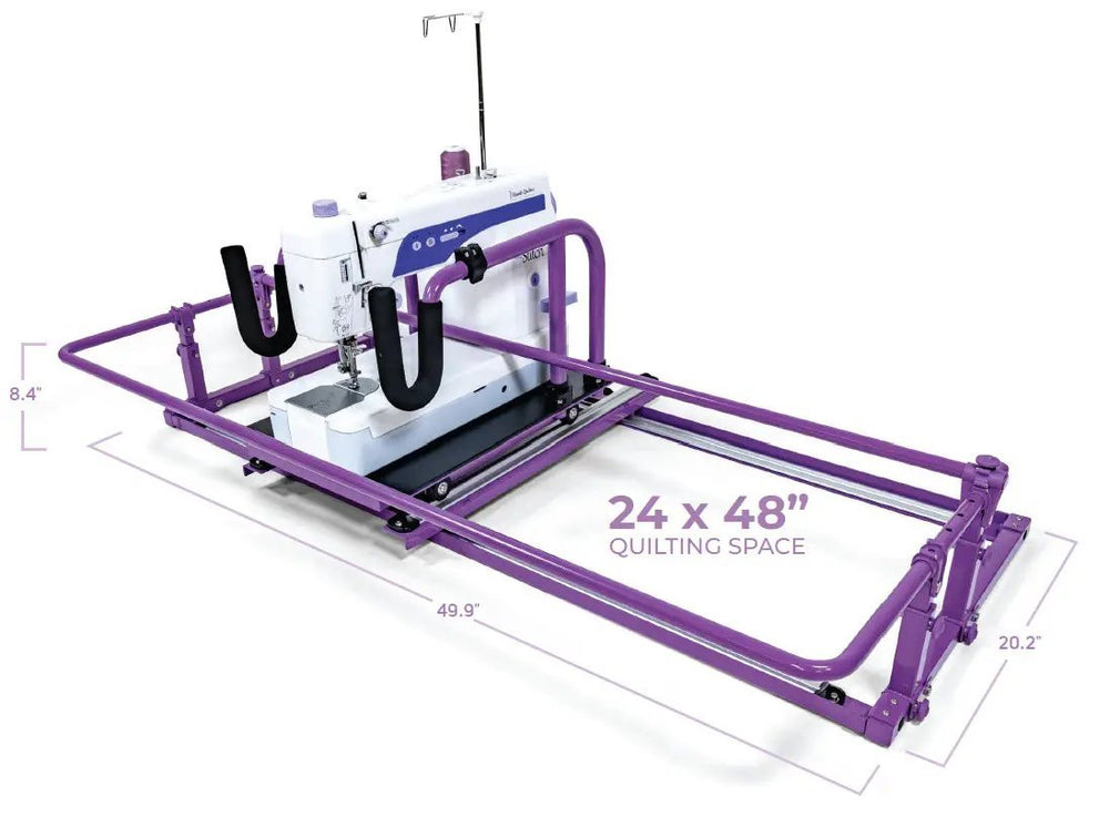 Handi Quilter FreeWay Quilt Frame, purple frame with mounted sewing machine, 24 x 48 quilting space