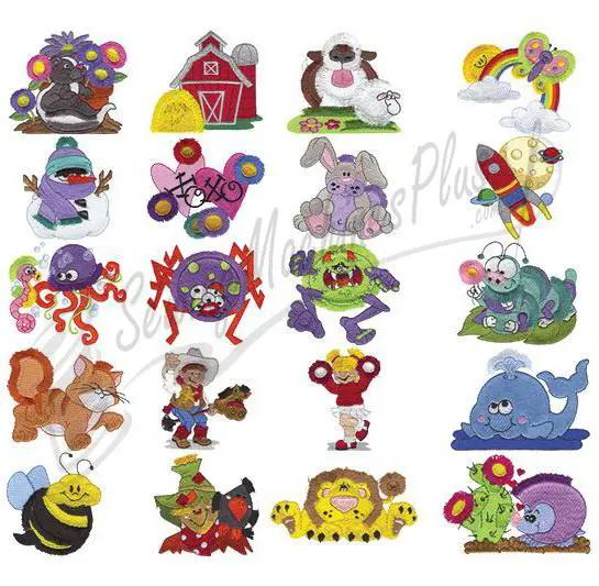Embroidery designs set: Dakota Collectibles Fringe Variety 970308 - 20 colorful animal motifs.