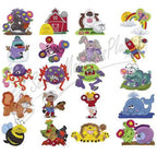Embroidery designs set: Dakota Collectibles Fringe Variety 970308 - 20 colorful animal motifs.