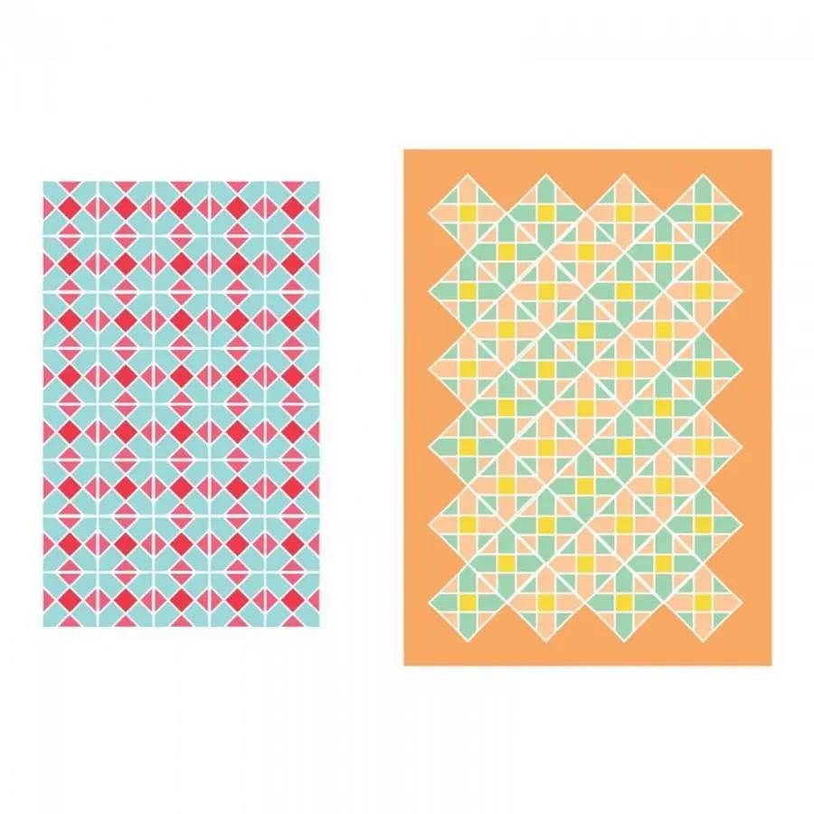 Sizzix Bigz XL Die Rocking the House; two papercraft samples: teal/red geometric left, orange lattice right.