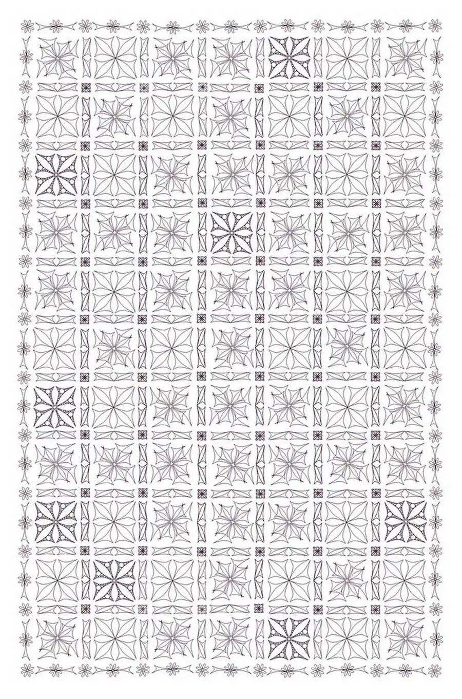 DIME Windmill Garden Quilt pattern, grayscale line drawing of windmill blocks with floral border.