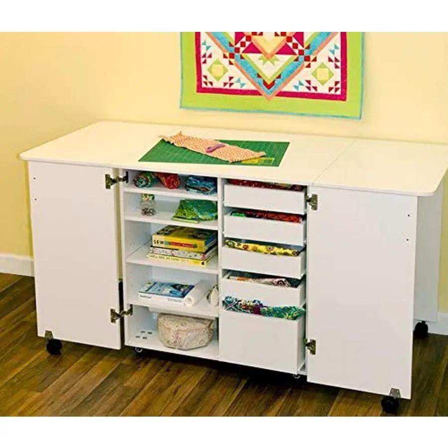 Kangaroo Kabinet Emu sewing cabinet in white, with left open shelves and right drawers on wheels.