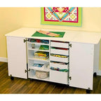 Kangaroo Kabinet Emu sewing cabinet in white, with left open shelves and right drawers on wheels.
