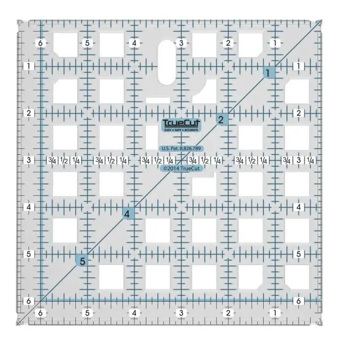 Grace TrueCut 6.5 in x 6.5 in quilting ruler, clear acrylic with blue measurement marks