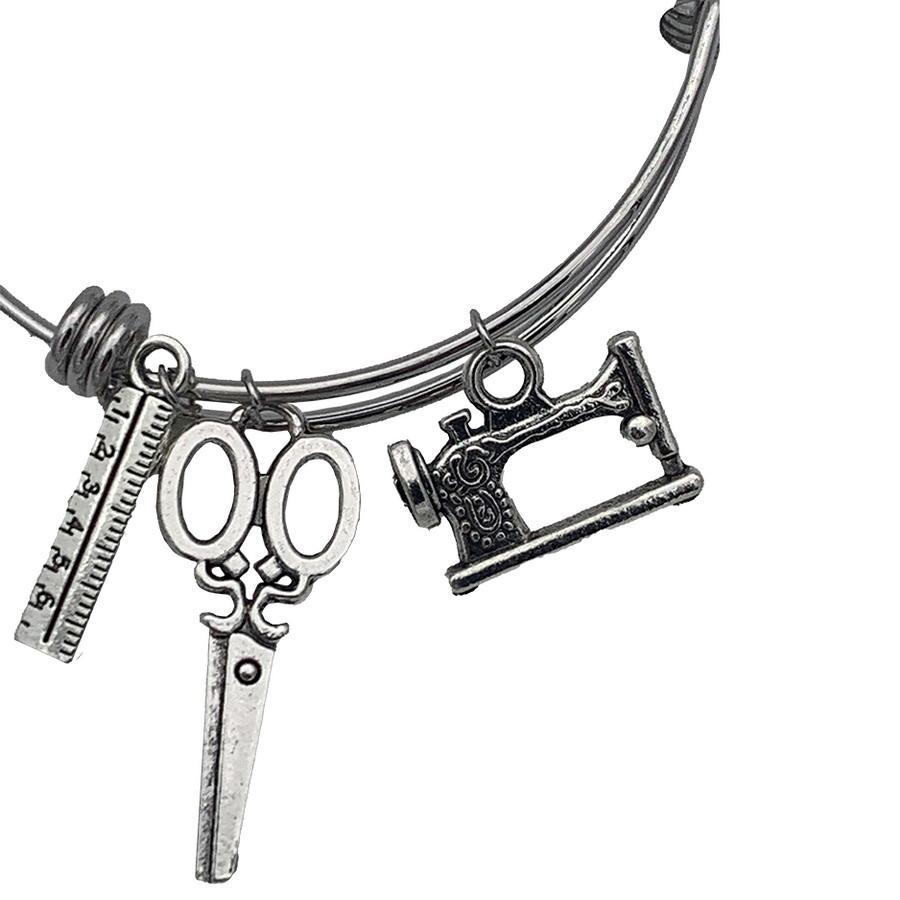 Amanda Jayne Jewelry Scissors, Ruler & Machine Charm Adjustable Bangle Bracelet, Silver