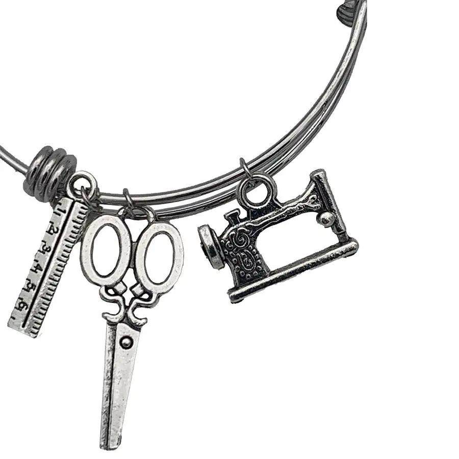 Amanda Jayne Jewelry Scissors, Ruler & Machine Charm Adjustable Bangle Bracelet, Silver - Sewingmachinesplus.com