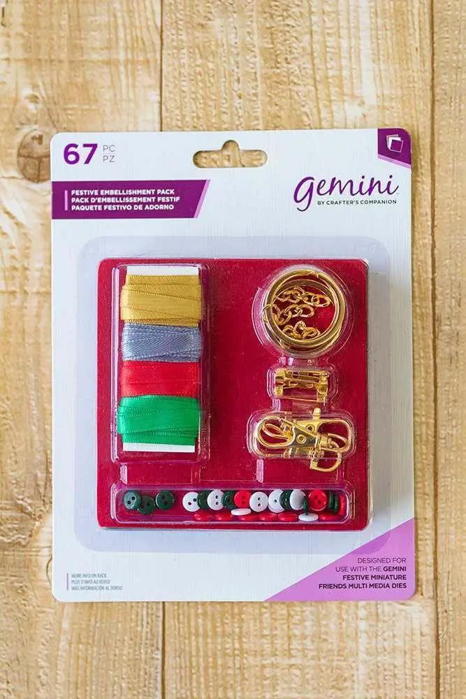 Gemini Festive Embellishment Pack, 67-piece set with colorful ribbons and gold metal findings