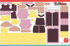 DIME Embroidery Designs Dollicious Fall Fashions set with pink, purple and yellow patterns