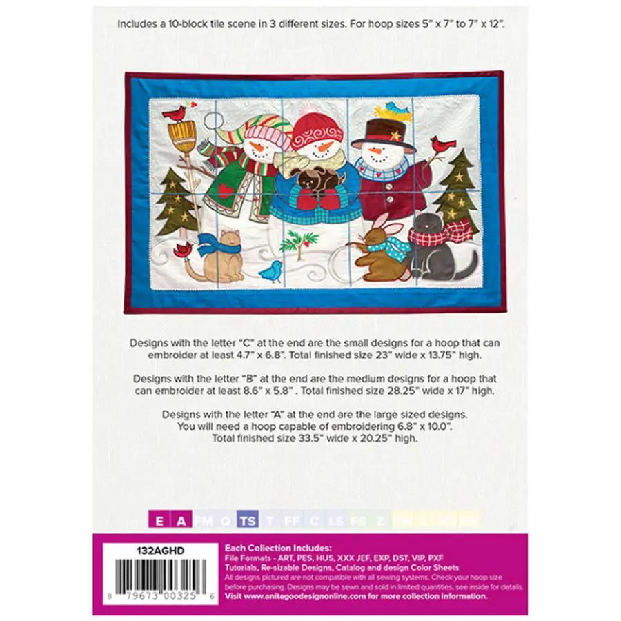 Anita Goodesign Winter Friends Tile Scene embroidery design 132AGHD; colorful winter tile scene for hoops