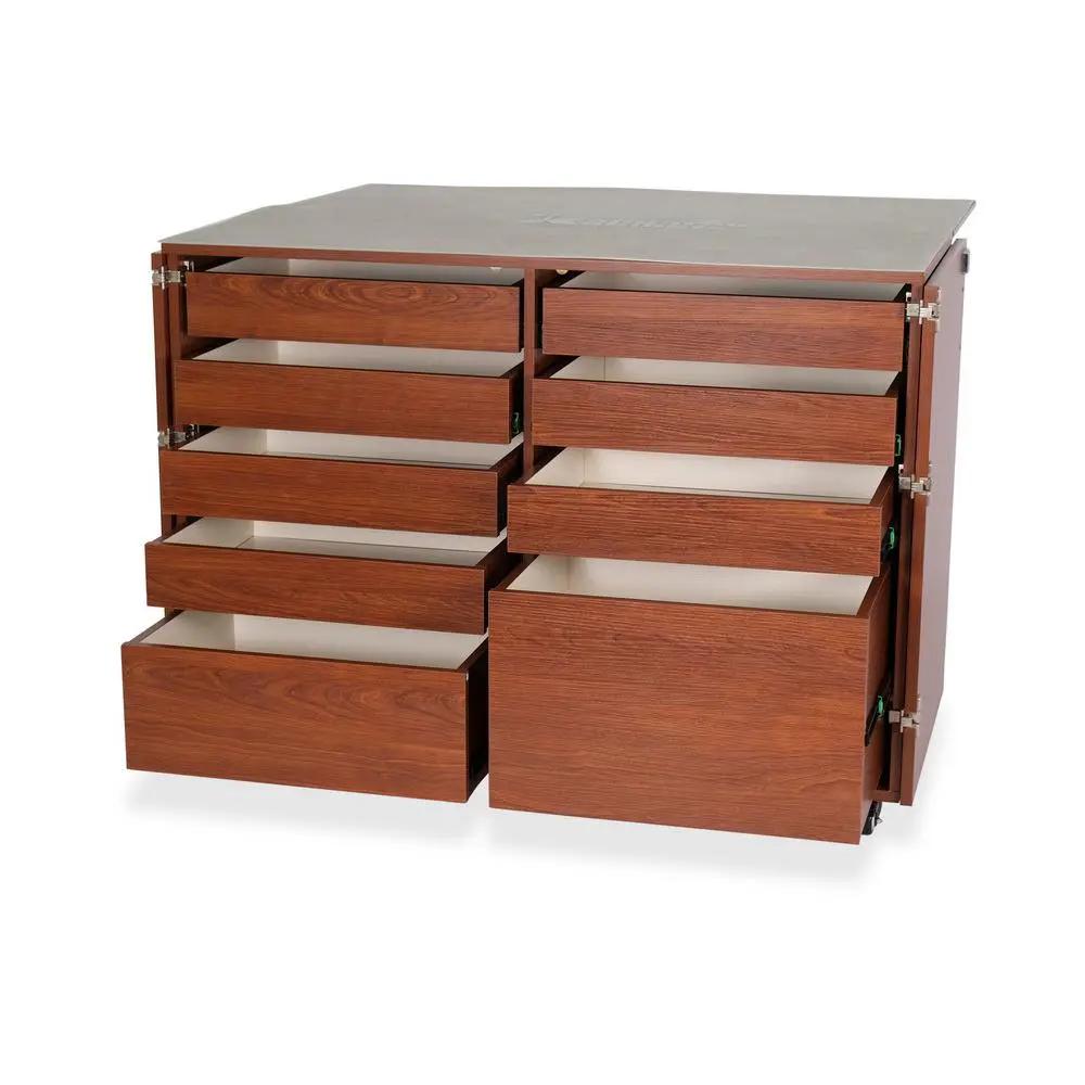 Sewing cabinet by Kangaroo Sewing Furniture in teak with multiple drawers.