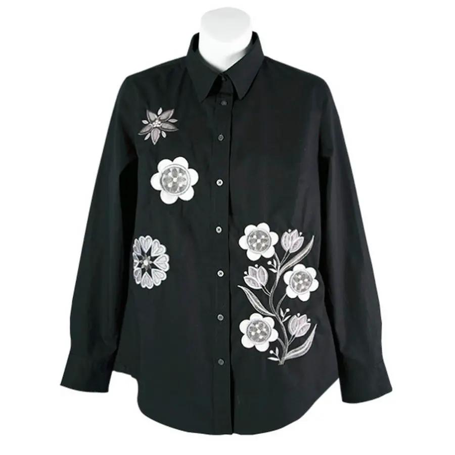 Anita Goodesign Fantasy Floral 178AGHD embroidery design on black button-down shirt with white floral motifs