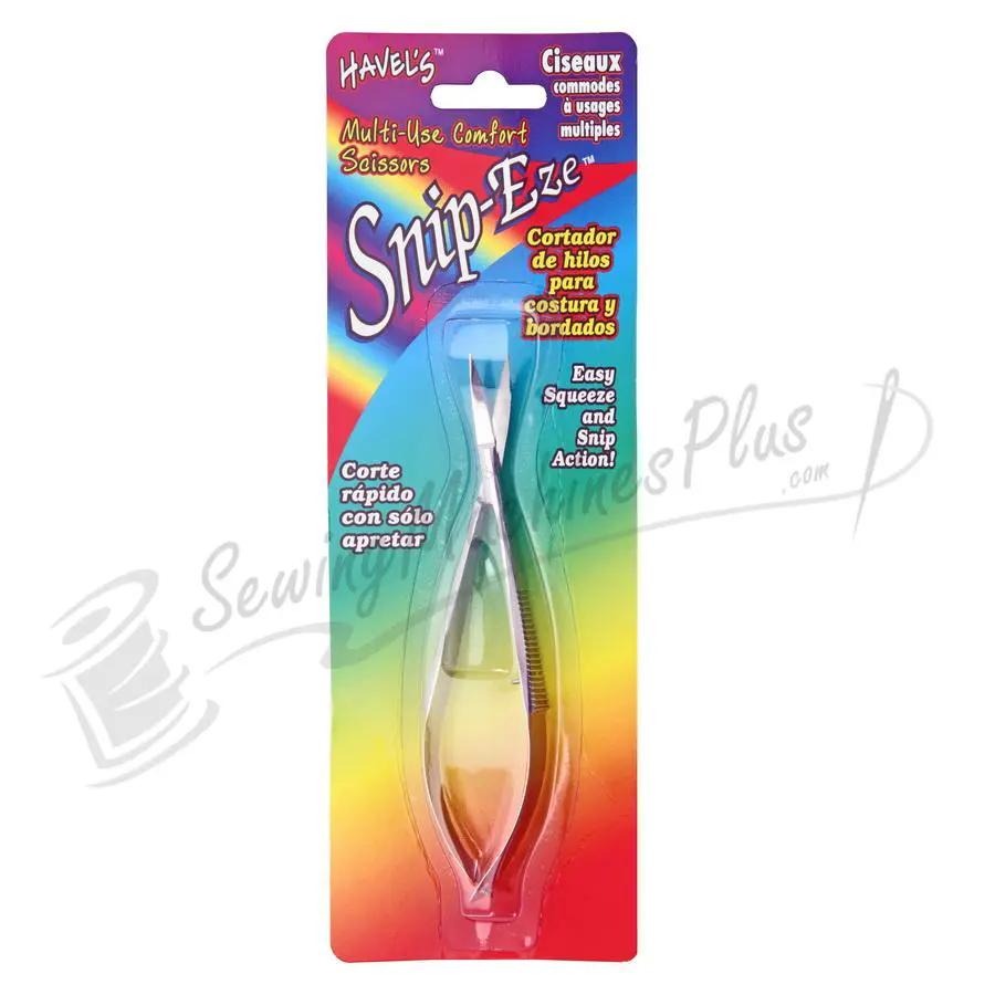 Havel's Snip-Eze embroidery snips; 4 3/4 in clear-handle scissors on colorful packaging showing brand