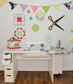 Arrow White Ginger Sewing Cabinet 62020; white sewing cabinet with built-in left-drawer tower and sewing machine on top.