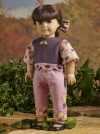 Embroidery Designs 2-piece doll outfit from DIME Dollicious Fall Fashions; purple top with leaf accents and pink pants.