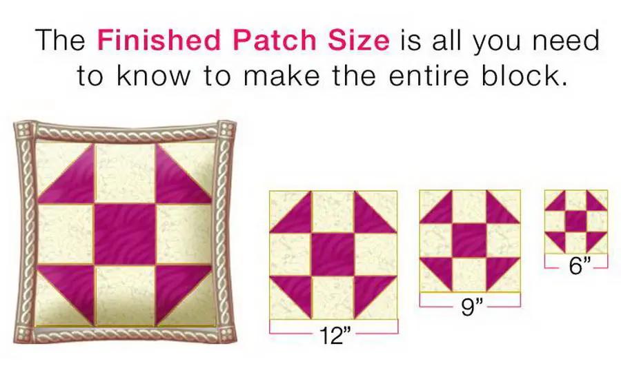 Quilting ruler accessory by Guidelines 4 Quilting; shows finished patch sizes in magenta/cream blocks (6, 9, 12).