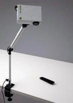 DIME Maximum View Projector on an adjustable white stand with remote